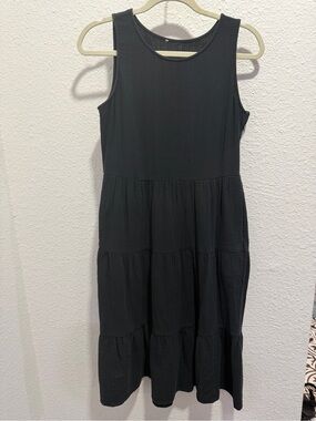 J.Crew Black Tiered Gauze Midi Dress Sleeveless Cotton Crinkle Pocket Dress Med